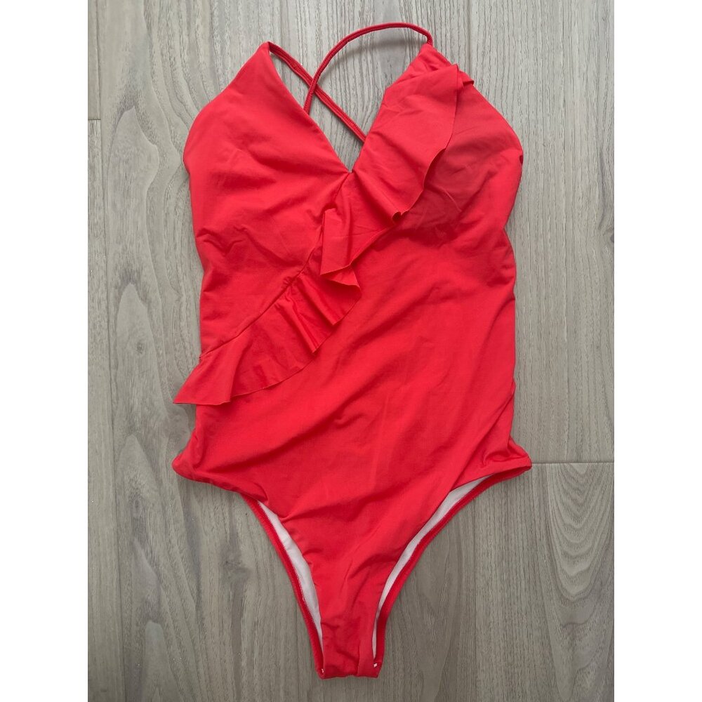 Leonisa Womens Medium M Red Ruffled One-Piece Swimsuit With Cross Back Straps